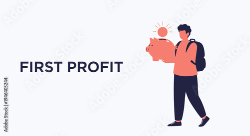 Man Holding Piggy Bank with Sun Icon, First Profit Concept