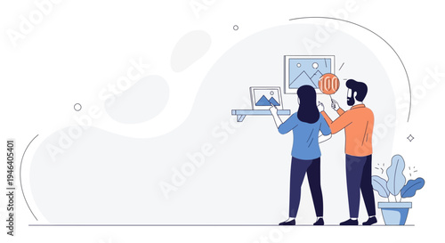 Couple Inspecting Art on Shelf, Magnifying Glass Focus on Painting, Home Decor Concept