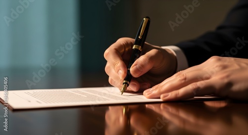 Man Signing a Document with a Pen on a Desk in an Office Room