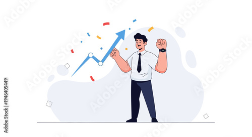 Businessman celebrating success with rising graph and confetti, business growth concept