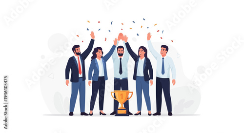 Business Team Celebrating Victory with Trophy and Confetti
