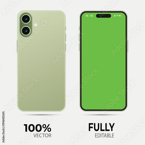 Sage Green Smartphone Mockup Vector with Chroma Key Screen for Branding