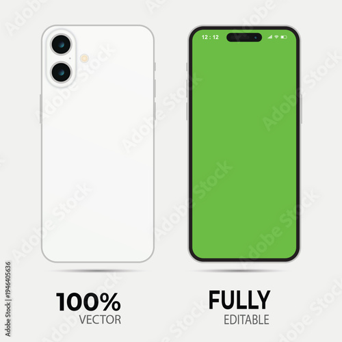 Clean White Smartphone Mockup Set with Green Screen and Vector Elements