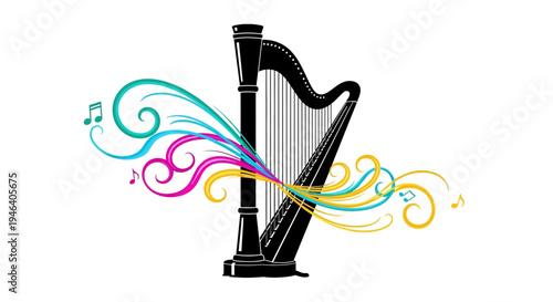 Black Harp Musical Instrument Closeup.