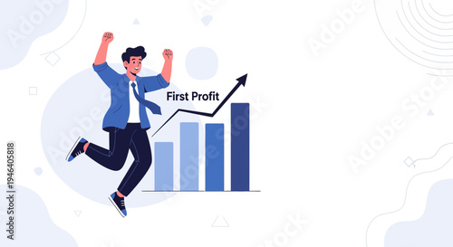 Man celebrating first profit with rising graph, business success concept