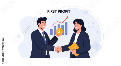 Business partners shaking hands, celebrating first profit with financial growth chart.