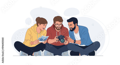 Friends Sharing Photos and Camera Memories Together