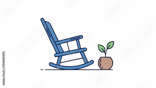 Blue rocking chair beside small plant.