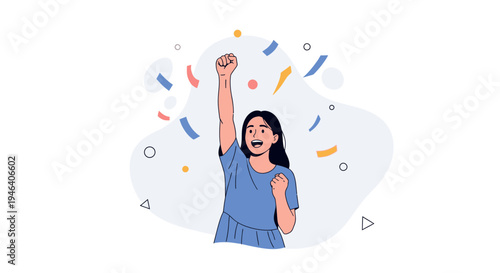 Excited woman celebrating success with confetti and abstract shapes