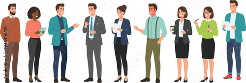 Diverse group of smiling professional business men and women character set in modern office attire standing in collaborative poses isolated flat vector illustration.