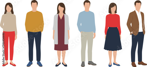 Diverse group of young men and women character set wearing colorful smart casual outfits in various standing poses isolated flat vector illustration.