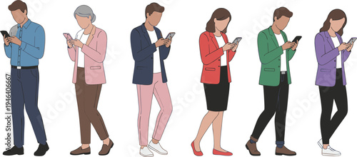 Diverse group of faceless business professionals using smartphones and mobile devices standing at various angles isolated flat vector illustration.