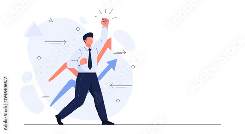 Successful businessman celebrating achievement with upward trending graph