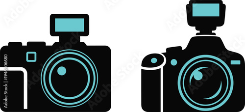 Professional DSLR and Mirrorless Digital Camera Icon Set with External Flash for Photography Enthusiasts, Content Creators, Media Production, and Studio Equipment Designs