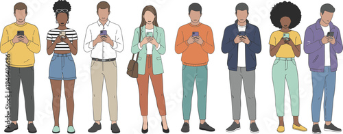 Diverse group of young people character set using smartphones for social media and texting isolated flat vector illustration for mobile technology concepts.