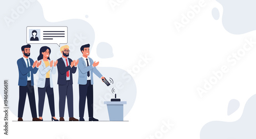 Team Applauding Leader Presenting Project with Remote Control on Podium