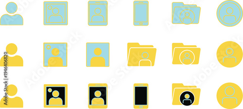 Comprehensive User Profile and Account Icon Set Featuring Avatar Silhouettes, Folder Management, Mobile Devices, and ID Identification Symbols for Digital Interfaces