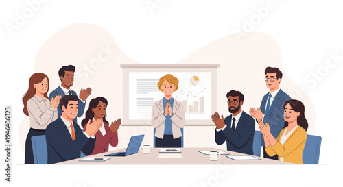 Business team applauding a successful leader in a modern office meeting