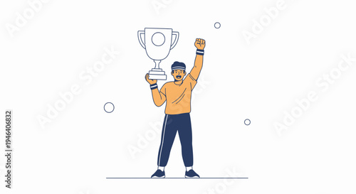 Man holding trophy, celebrating victory, achievement, success, award, winner, illustration