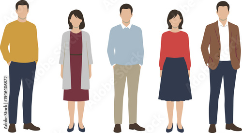 Diverse faceless business people character set wearing smart casual and professional office outfits standing in various poses isolated flat vector illustration.