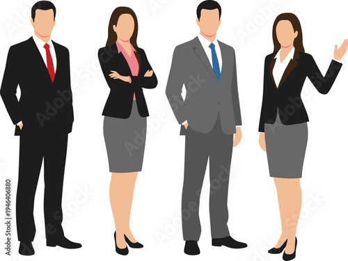 Professional faceless business team character set in formal suits and office attire standing in confident executive poses isolated flat vector illustration.