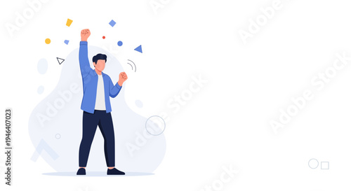 Man celebrating success with raised fists and confetti, modern flat illustration
