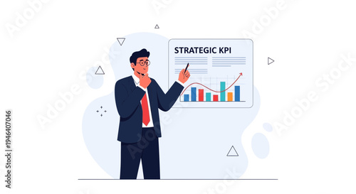 Businessman presenting strategic KPI growth chart with rising arrow and bar graph
