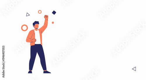 Man celebrating success with raised fist and abstract shapes, vector illustration