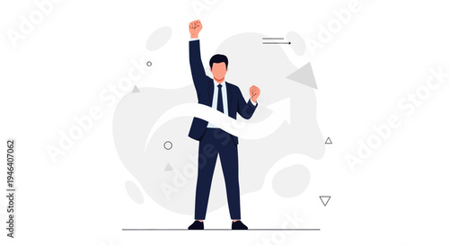 Businessman celebrating success with raised fist and arrow graphics, symbolizing growth