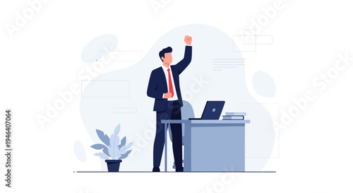 Successful businessman celebrating victory in office with laptop and plant