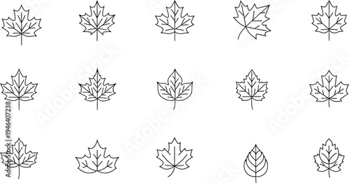 Set of maple leaf linear icons for autumn season and nature design