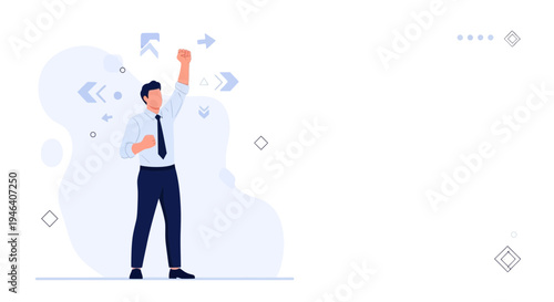 Businessman celebrating success with fist raised, arrows indicating progress and direction.
