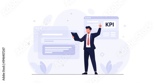 Businessman pointing at KPI on screen, analyzing business performance and strategy