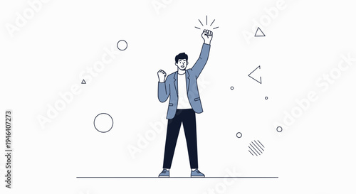 Man celebrating success with raised fist, modern flat illustration, abstract shapes background