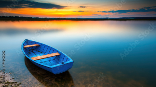 Tranquil Blue Boat on Calm Water at Sunset with Vibrant Sky