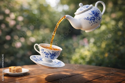 Floating teapot pouring hot tea into a hovering teacup with saucer outdoor