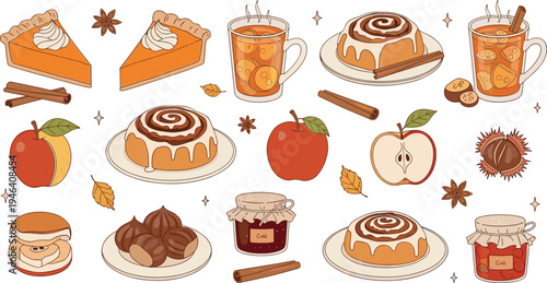 Autumn Treats and Cozy Drinks with Pumpkin Pie, Cinnamon Rolls, Hot Apple Cider, and Sweet Snacks