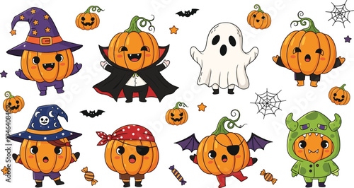 Kawaii Halloween Pumpkins in Cute Costumes Including Witch, Pirate, Ghost, and Vampire