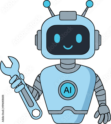A cartoon robot holding a wrench