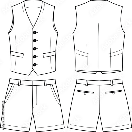 CAD drawing flat vector illustration of men's formal vest and tailored shorts set, technical fashion sketch front and back views