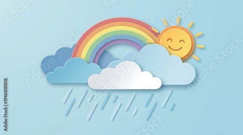 Cute Paper Cut Out Style Illustration of a Cheerful Sun, Rainbow, and Rainy Clouds Symbolizing Good Weather After Rain