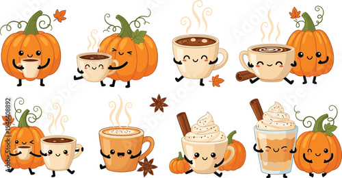 Kawaii Pumpkin and Coffee Illustrations with Cute Mugs, Spices, and Fall Vibes