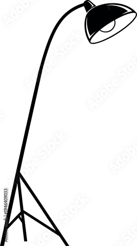 A black adjustable floor lamp with a curved neck and conical shade on a three legged base