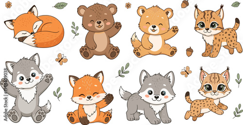 Cute Woodland Animal Illustrations Featuring Fox, Bear, Wolf, and Lynx with Fall Leaves