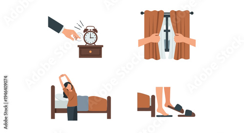 Morning routine sequence featuring an alarm clock, opening curtains to sunlight, a person stretching in bed, and putting on slippers, on an isolated white background.