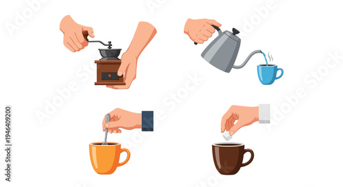 Hands preparing coffee with grinding beans, pouring hot water, stirring, and adding sugar cubes, on an isolated white background, showing a complete coffee ritual.