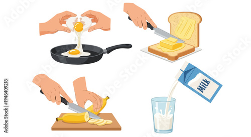 Hands preparing a morning breakfast with cracking egg, spreading butter on toast, and pouring milk, on an isolated white background, illustrating daily cooking.