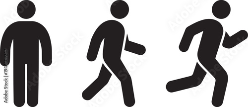 Silhouette of person progressing from standing to walking and running isolated on transparent background