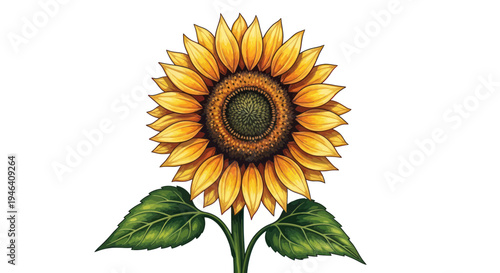 Vibrant Sunflower Illustration with Green Leaves on White Background
