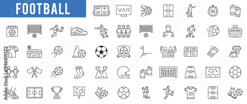 Professional Football Elements Outline Icon Pack. Football Stadium, Gear, Ball And Match Icon Vector Set